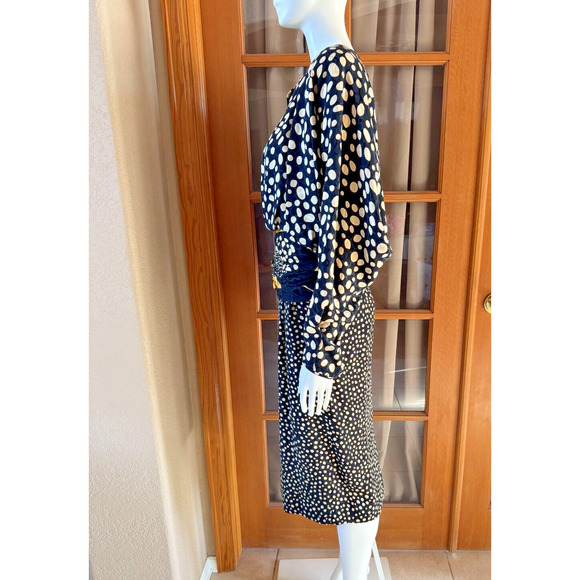 Vtg 80s 100% Silk Black Dress Yellow PolkaDot Ruched Blouson M 10 - Picture 5 of 13